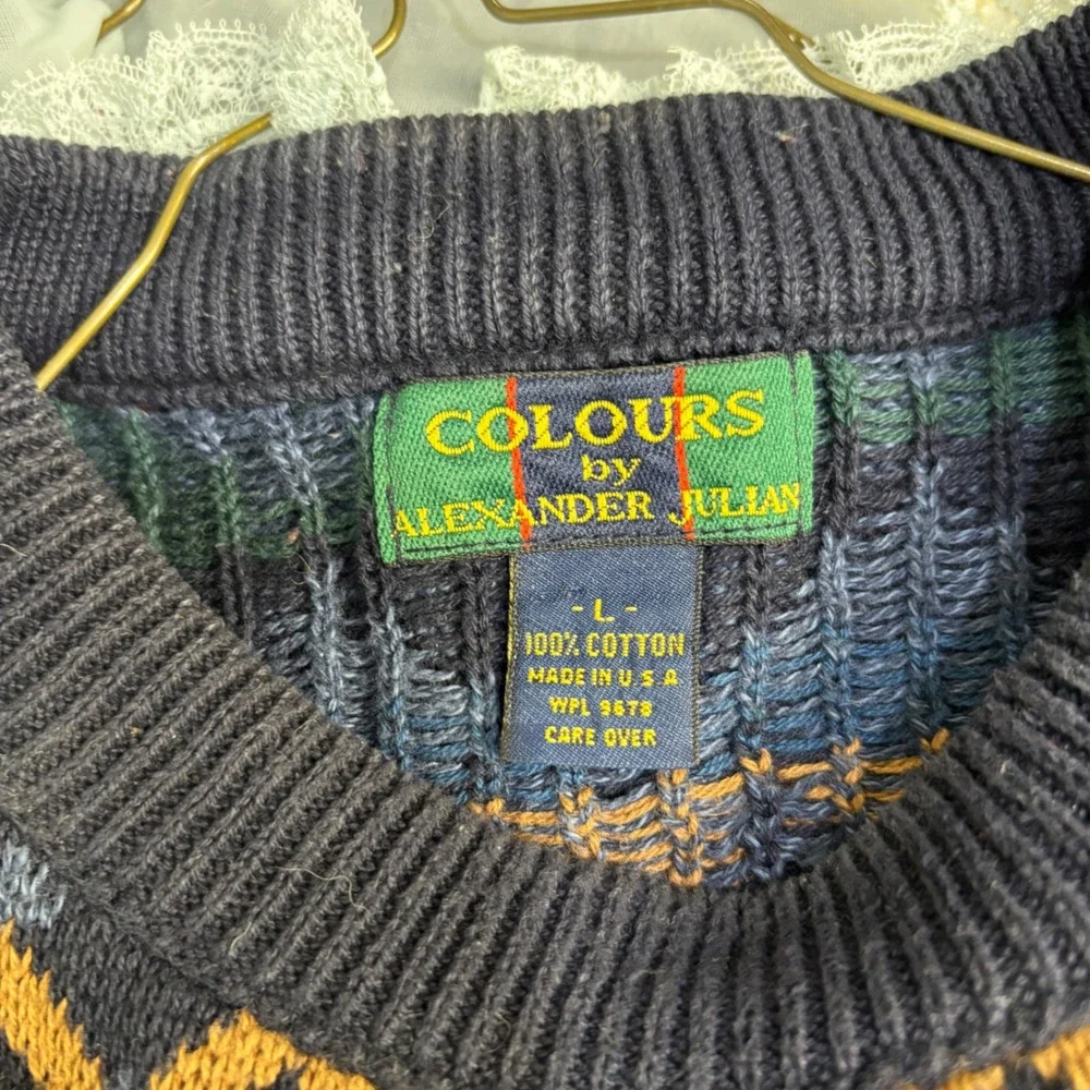 Vintage Mens Large L Cotton Geometric Knit Sweater USA Grandpa Eclectic‎ Blue